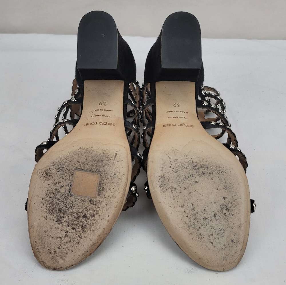 Sergio Rossi Black Strappy Studs Block Heels Sandals size 39 - Picture 10 of 11